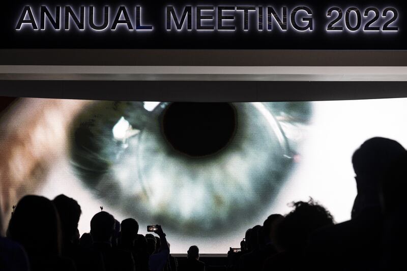 A projection is displayed advertising the 51st annual meeting of the World Economic Forum n Davos. EPA