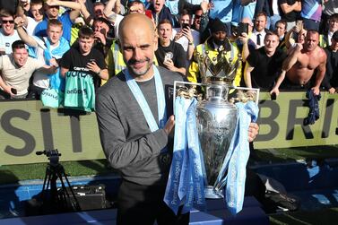 Manchester City manager Pep Guardiola celebrates after winning the Premier League  in 2019. He won his eighth major trophy with City following their Premier League 2020-21 title success, confirmed on Tuesday. PA