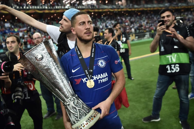 Hazard celebrates with the Europa League trophy. AFP