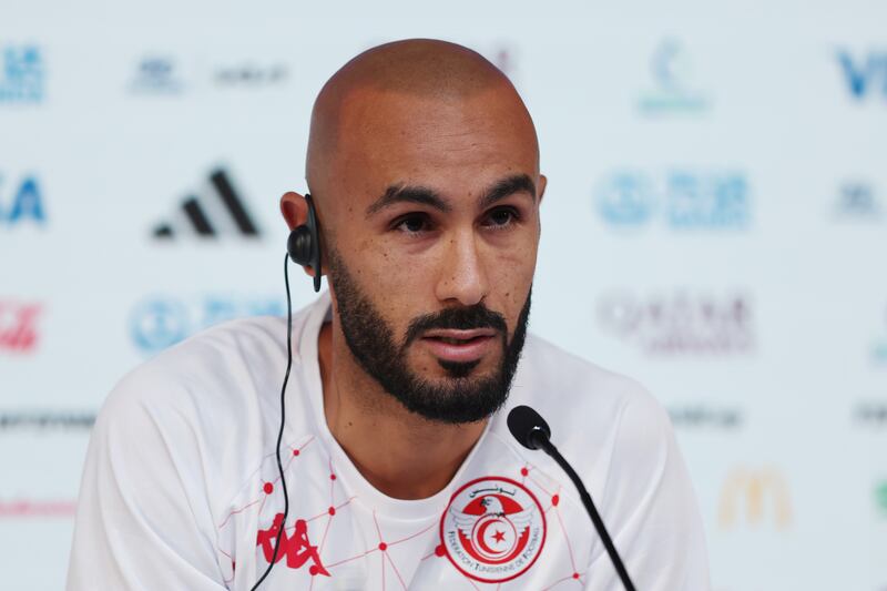 Issam Jebali of Tunisia talks to the press at the Main Media Center in Doha. Getty