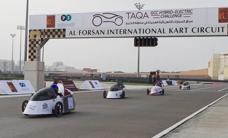 University teams from around the Arabian Gulf took to the Al Forsan’s kart circuit for the region’s first hybrid-electric challenge. Mona Al Marzooqi / The National 