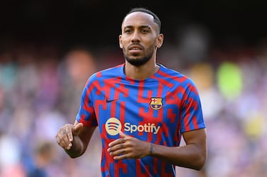 BARCELONA, SPAIN - AUGUST 28: Pierre-Emerick Aubameyang of Barcelona warms up prior to the LaLiga Santander match between FC Barcelona and Real Valladolid CF at Camp Nou on August 28, 2022 in Barcelona, Spain. (Photo by David Ramos / Getty Images)
