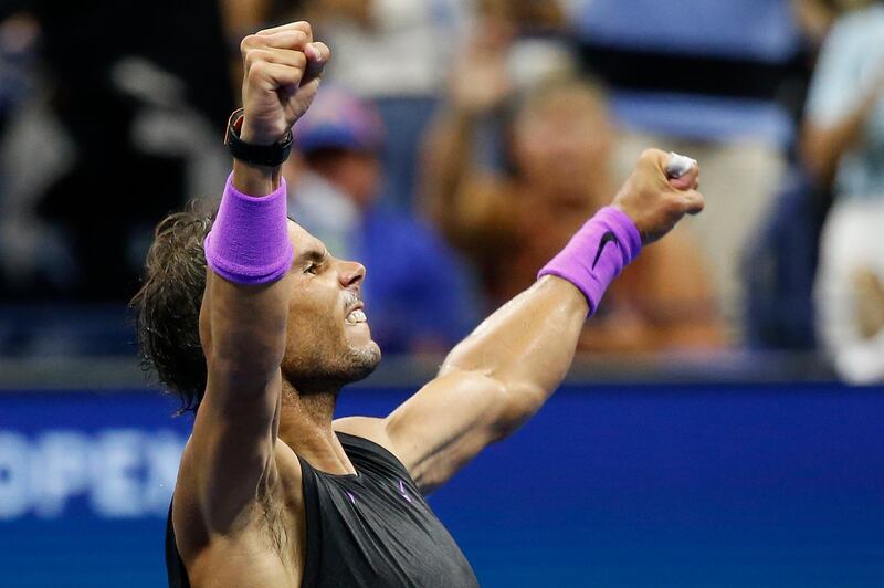 Rafael Nadal, of Spain, reacts after defeating Marin Cilic, of Croatia, during the fourth round of the U.S. Open tennis tournament in New York. AP