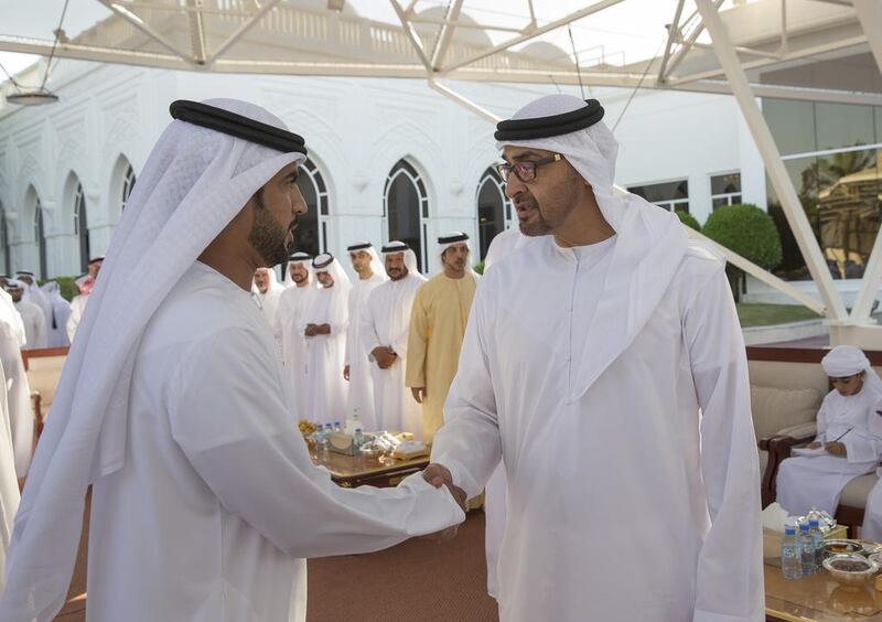 Sheikh Mohammed bin Zayed, Crown Prince of Abu Dhabi Deputy Supreme Commander of the Armed Forces, receives a serviceman injured in Yemen, during a Sea Palace barza. Mohamed Al Hammadi / Crown Prince Court - Abu Dhabi