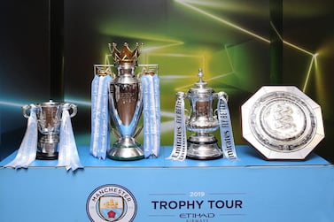 The Carabao Cup, Premier League, FA Cup and Community Sheild trophies won by Manchester City's men's team in 2018/19. Courtesy photo