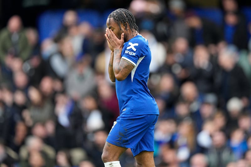Chelsea's Raheem Sterling after missing a penalty. AP