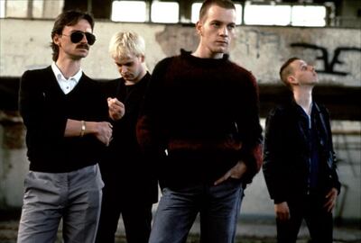 A handout movie still showing Robert Carlyle, Jonny Lee Miller, Ewan McGregor and Ewen Bremner in "Trainspotting" (Courtesy: Channel Four Films) *** Local Caption ***  BLOG09se-trainspotting.jpg