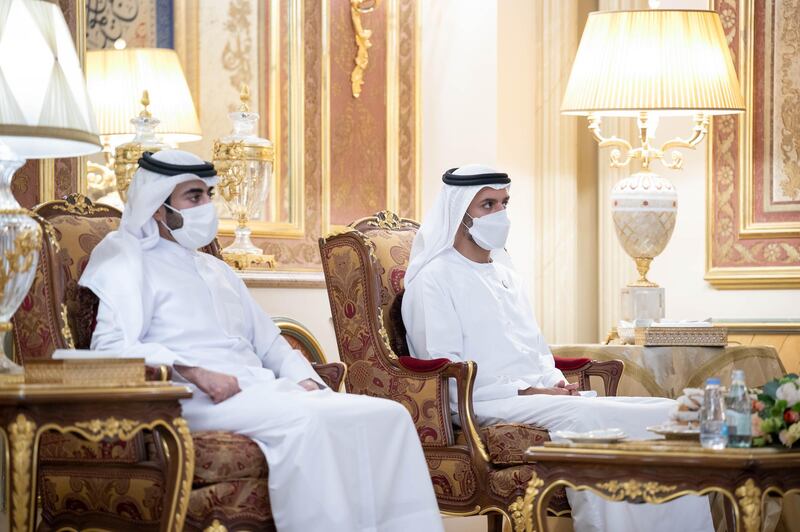 SHARJAH, UNITED ARAB EMIRATES - May 14, 2021: HH Sheikh Mohamed bin Hamad bin Tahnoon Al Nahyan (R) and HH Sheikh Khalid bin Abdullah Al Qasimi (L), exchange Eid greetings.

( Rashed Al Mansoori / Ministry of Presidential Affairs )
---