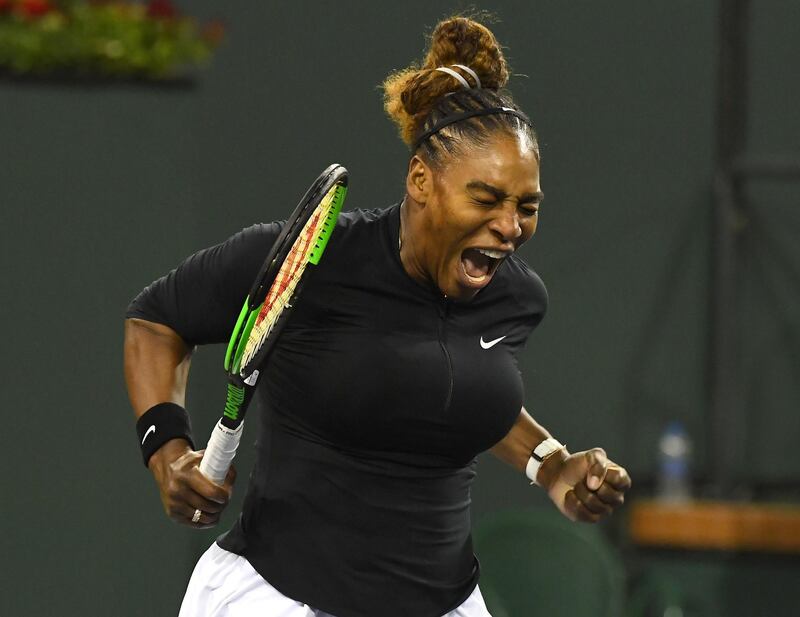 Serena Williams of the United States reacts after winning the first set of their second-round match against Victoria Azarenka at Indian Wells. Reuters