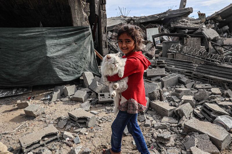 A Palestinian child carries a cat among the rubble in Rafah, the southern Gaza Strip. AFP