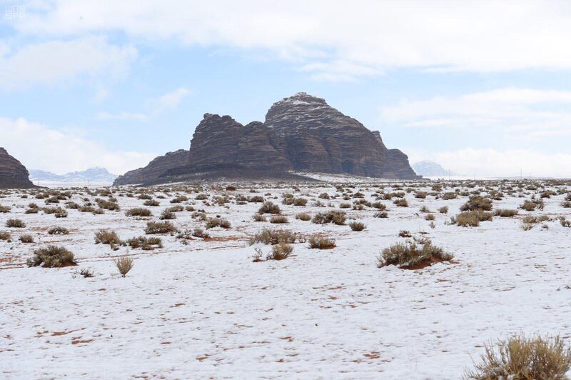 Heavy snowfall on the heights of Jebel Al-Lawz in Tabuk. SPA