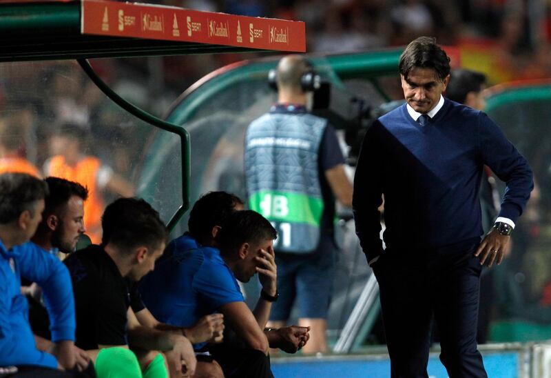 Croatia head coach Zlatko Dalic, right, reacts during the UEFA Nations League soccer match between Spain and Croatia at the Manuel Martinez Valero stadium in Elche, Spain, Tuesday Sept. 11, 2018. (AP Photo/Alberto Saiz)