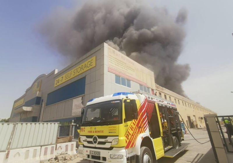 A fire broke out at three warehouses in Jebel Ali on Tuesday morning. Courtesy: Dubai Media Office