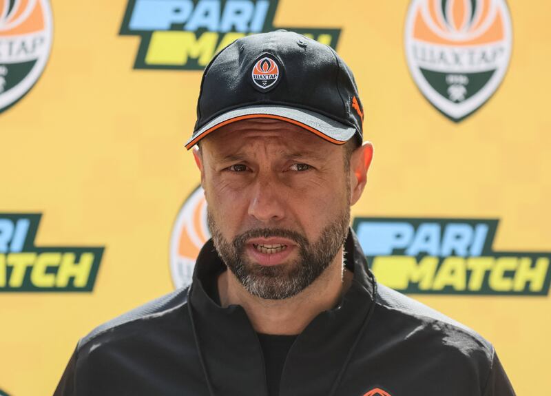 Shakhtar Donetsk coach Igor Jovicevic attends a news conference at the NSC Olimpiyskiy stadium.