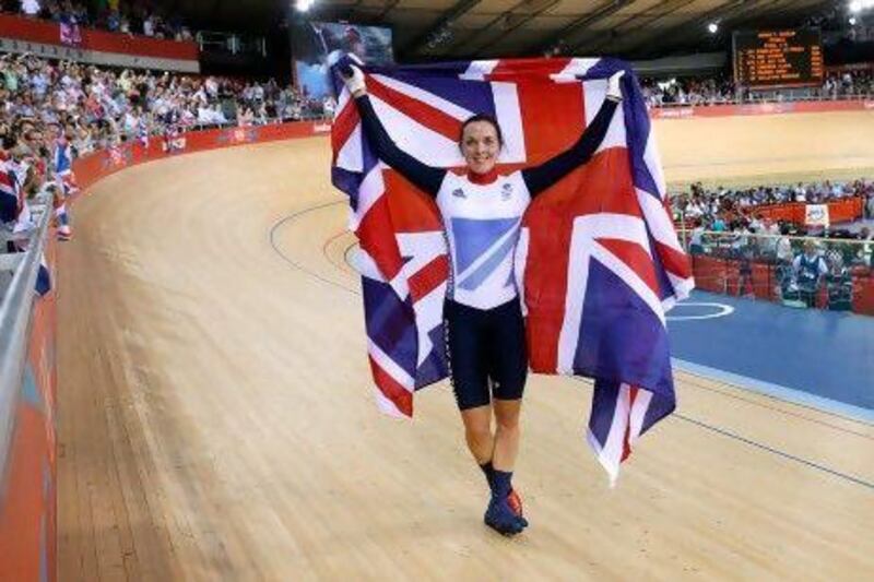 Victoria Pendleton celebrates her gold medal triumph in the women's keirin race. Jamie Squire / Getty Images