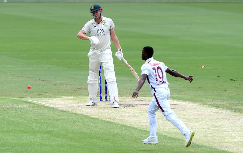 Shamar Joseph celebrates taking the wicket of Cameron Green. Getty Images
