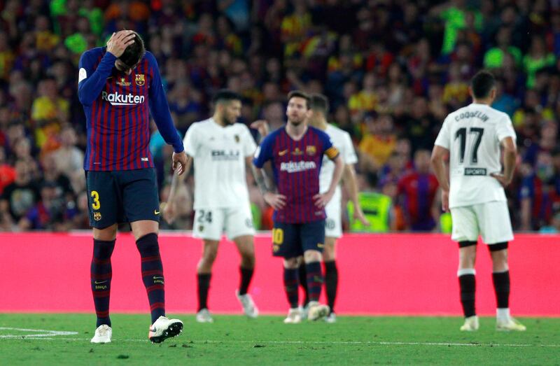 Barcelona defender Gerard Pique reacts during the Copa del Rey final. AP Photo