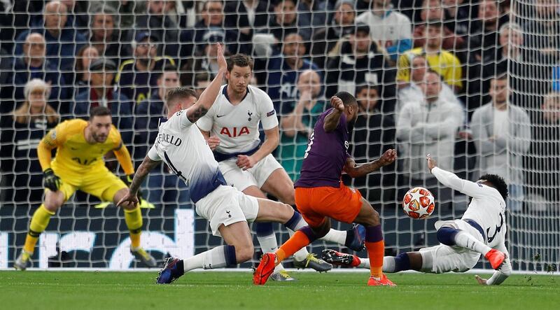 Soccer Football - Champions League Quarter Final First Leg - Tottenham Hotspur v Manchester City - Tottenham Hotspur Stadium, London, Britain - April 9, 2019  Manchester City's Raheem Sterling in action with Tottenham's Danny Rose before the incident is reviewed by VAR     REUTERS/Peter Nicholls