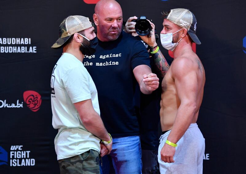ABU DHABI, UNITED ARAB EMIRATES - JULY 14: (L-R) Opponents Jimmie Rivera and Cody Stamann face off during the UFC Fight Night weigh-in inside Flash Forum on UFC Fight Island on July 14, 2020 in Yas Island, Abu Dhabi, United Arab Emirates. (Photo by Jeff Bottari/Zuffa LLC via Getty Images)