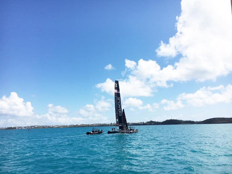 The America's Cup teams all practice in the same body of water, so they have a friendly rule: no photographing each others’ boats within 150 meters. But, because the stakes are so high, this rule gets broken often, and each team spies on one another. Photo by Hafsa Lodi