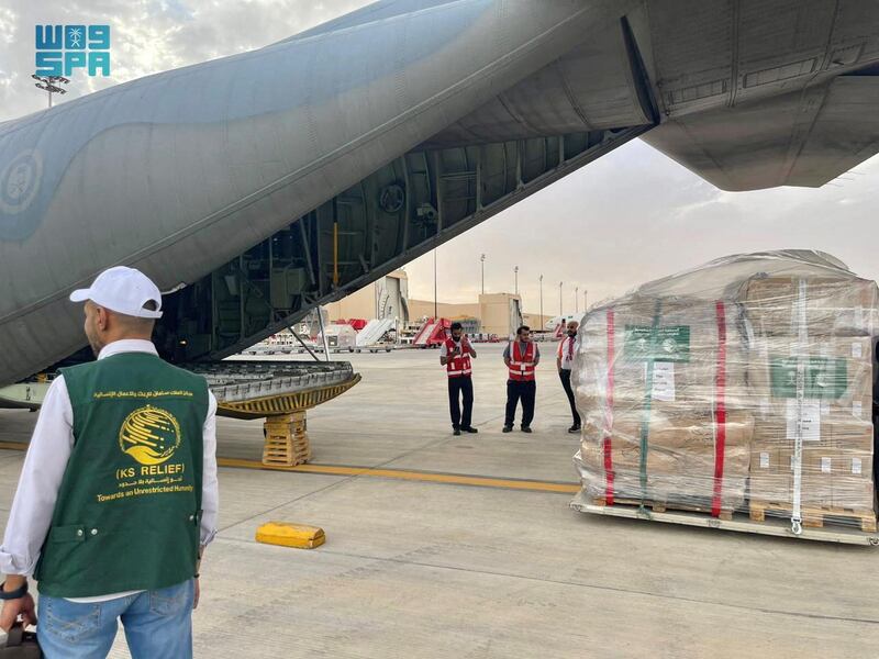 Aid is loaded into a Saudi Royal Air Force cargo plane, bound for Port Sudan, at the King Khalid International Airport in Riyadh. Spa via Reuters