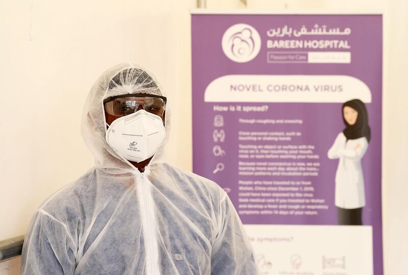 ABU DHABI, UNITED ARAB EMIRATES , June 1 – 2020 :- Nikhil Rajendran, registered nurse in his PPE kit inside the fever clinic at the Bareen International Hospital in Mohamed Bin Zayed City in Abu Dhabi. (Pawan Singh / The National) For News. Story by Nick Webster 