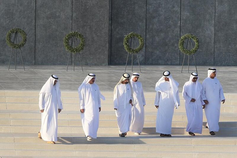 Sheikh Mohammed bin Rashid, Vice President and Ruler of Dubai, and Sheikh Mohammed bin Zayed, Crown Prince of Abu Dhabi and Deputy Supreme Commander of the Armed Forces, join the Rulers of other emirates to inaugurate the Wahat Al Karama memorial in Abu Dhabi on Wednesday. Delores Johnson / The National