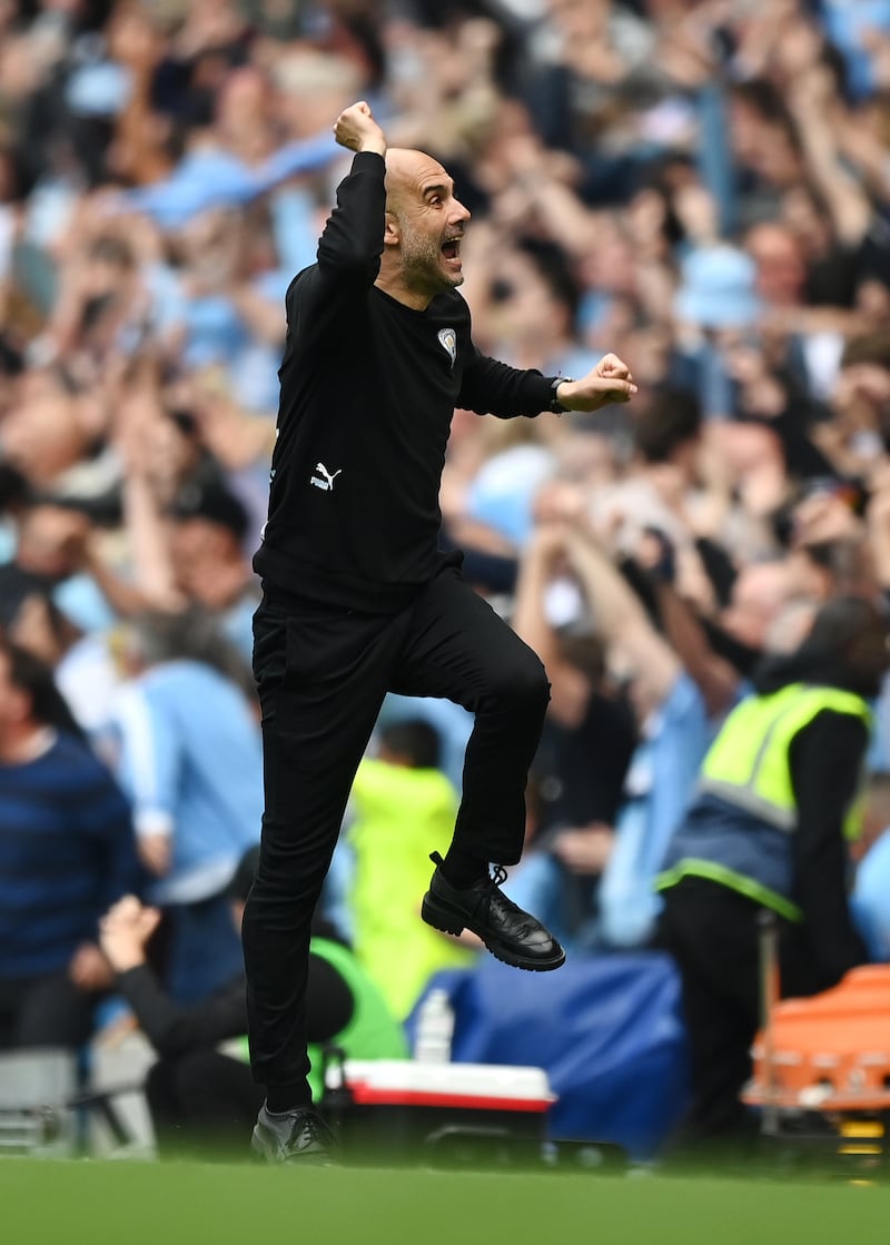 City manager Pep Guardiola celebrates after the third goal. Getty