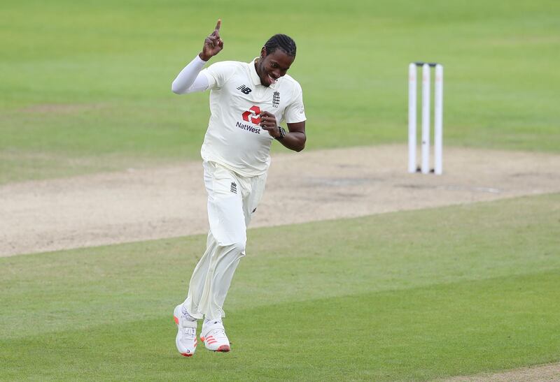 England's Jofra Archer celebrates the wicket of West Indies' John Campbell. Reuters