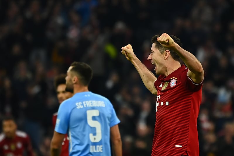 Munich's Robert Lewandowski celebrates scoring. EPA