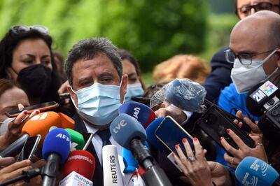 Manuel Olle, lawyer of the leader of Western Sahara's independence movement and president of the Sahrawi Democratic Arab Republic, Brahim Ghali, speaks to journalists outside the Spain's National Court in Madrid on June 1, 2021. The leader of Western Sahara's independence movement, whose presence in Spain has angered Morocco, was being questioned by a Spanish judge today about allegations of torture and genocide in a closed-door hearing with Brahim Ghali, who heads the Algeria-backed Polisario Front, testifying by video conference from a hospital in northern Spain where he is recovering from a severe case of Covid-19. / AFP / PIERRE-PHILIPPE MARCOU
