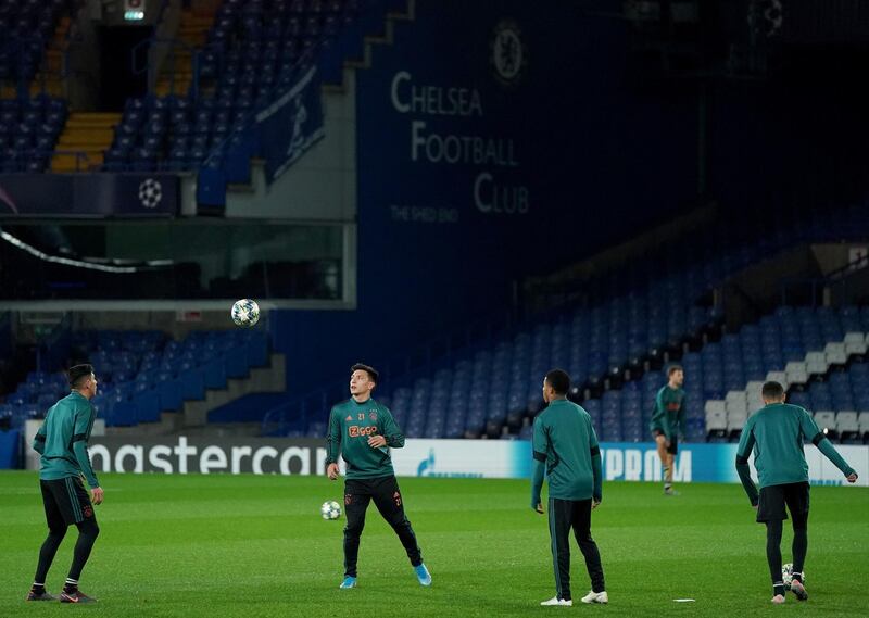 A general view of Ajax players during a training session at Stamford Bridge. PA