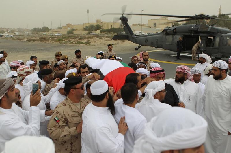 Worshippers perform the funeral prayer on Feburary 17, 2017, for Nader Mubarak Eisa Soliman, who died in Yemen as part of Operation Restoring Hope.  Wam