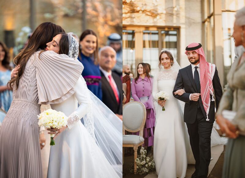 Princess Iman hugs her mother, Queen Rania of Jordan, and is walked down the aisle by her brother, Crown Prince Hussein. AFP