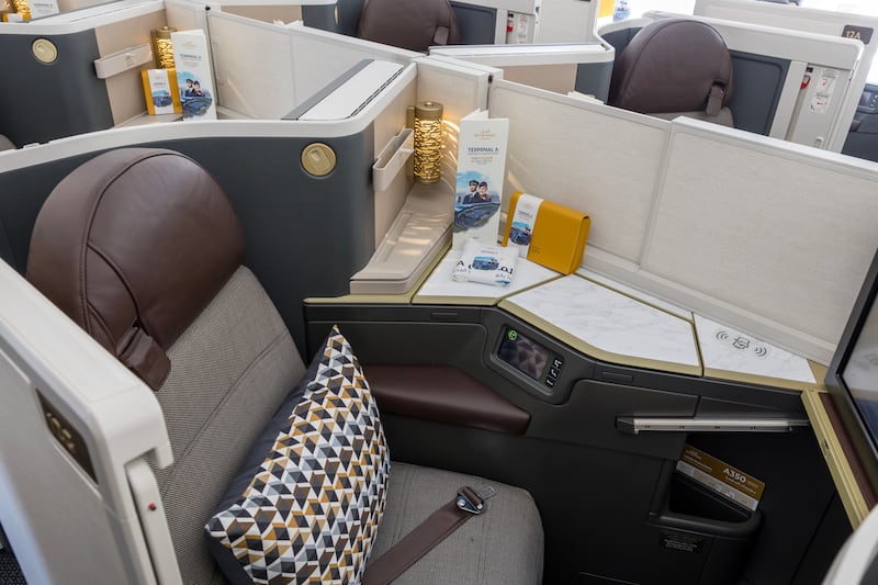 Celebratory amenity kits in business class on Etihad's first flight from Terminal A, which will connect Abu Dhabi to 117 global destinations