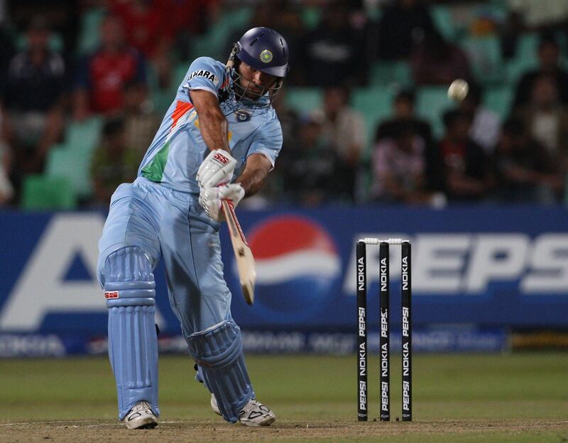 DURBAN, SOUTH AFRICA - SEPTEMBER 19:  Yuvraj Singh of India hits a six of Andrew Flintoff of England during the final over of the innings during the ICC Twenty20 Cricket World Championship Super Eights match between England and India at Kingsmead on September 19, 2007 in Durban, South Africa.  (Photo by Hamish Blair/Getty Images)