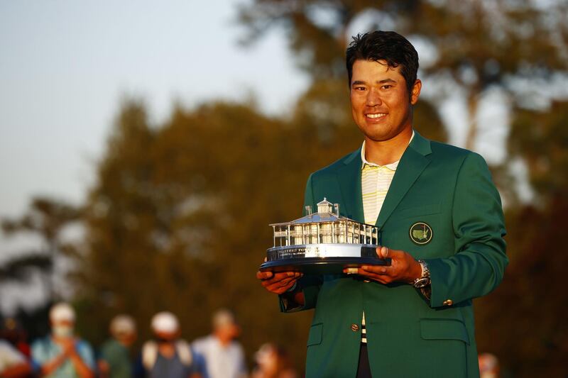 Hideki Matsuyama of Japan poses with the Masters Trophy. AFP