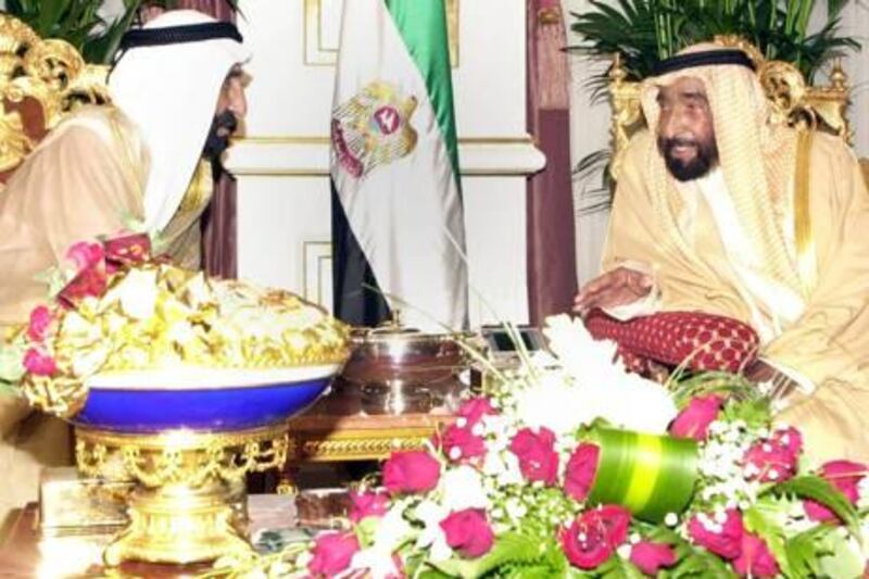 Right, the late Sheikh Zayed bin Sultan Al Nahyan President of the UAE meeting with Sheikh Saqr bin Mohammad al-Qassimi, Ruler of Ras Al Khaima. WAM