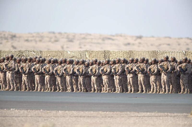 ZAYED MILITARY CITY, ABU DHABI, UNITED ARAB EMIRATES - November 28, 2017: Recruits participate in a parade during the graduation ceremony of the 8th cohort of National Service recruits and the 6th cohort of National Service volunteers at Zayed Military City. 

( Christopher Pike for the Crown Prince Court - Abu Dhabi )
---