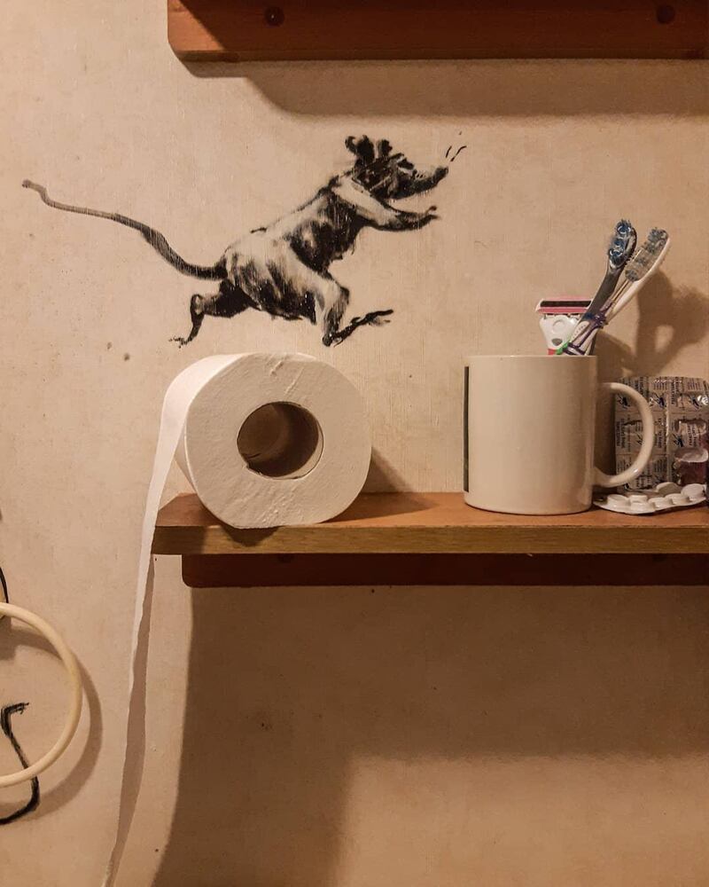 Banksy released a new piece in his bathroom as he worked from home during the Covid-19 pandemic in March 2020. Photo: Instagram