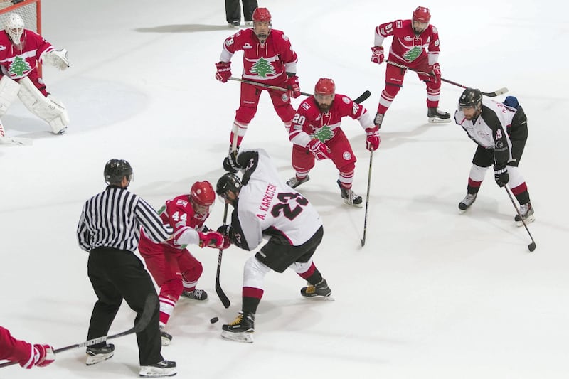 ABU DHABI, UNITED ARAB EMIRATES - APRIL 7, 2018. 

Abu Dhabi Storms, white, and Team Lebanon, red, compete in the final of the Arab Clubs Championship.

Abu Dhabi storms picked up the trophy at 5 to 3 win.

(Photo by Reem Mohammed/The National)

Reporter: AMITH PASSATH
Section: SP