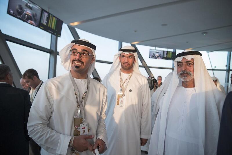 From left: Maj Gen Sheikh Khaled bin Mohamed bin Zayed, Chairman of the State Security Department, Dr Sultan Al Jaber, Minister of State and chairman of Masdar, and Sheikh Nahyan bin Mubarak, Minister of Culture and Knowledge Development, were among the dignitaries who attended. Mohamed Al Hammadi / Crown Prince Court - Abu Dhabi