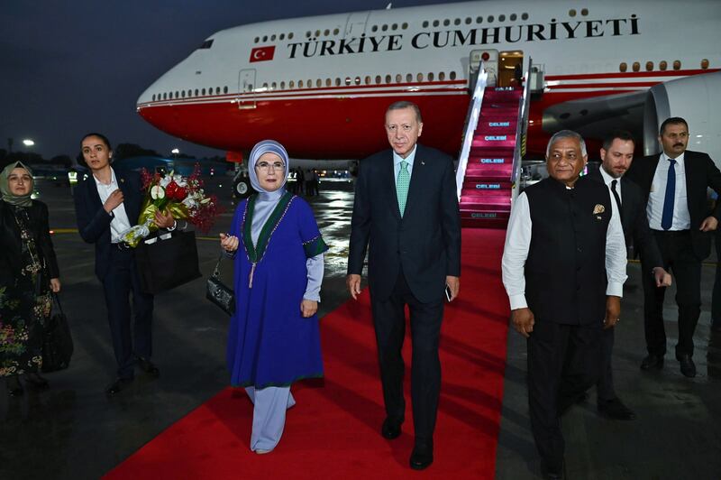 Turkish President Recep Tayyip Erdogan and his wife Emine arrive for the G20 summit in New Delhi, India. EPA