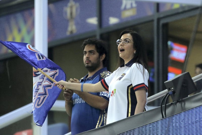 Nita Ambani owner of Mumbai Indians along with her son and co owner Akash Ambani during the final of season 13 of the Dream 11 Indian Premier League (IPL) between the Mumbai Indians and the Delhi Capitals held at the Dubai International Cricket Stadium, Dubai in the United Arab Emirates on the 10th November 2020.  Photo by: Vipin Pawar  / Sportzpics for BCCI