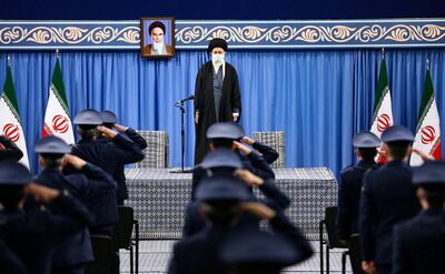 A handout picture provided by the office of Iran's Supreme Leader Ayatollah Ali Khamenei on February 7, 2021, shows him delivering a speech in front of commanders of the air force,days ahead of the 42nd anniversary marking the victory of the Islamic revolution.  - === RESTRICTED TO EDITORIAL USE - MANDATORY CREDIT "AFP PHOTO / HO / KHAMENEI.IR" - NO MARKETING NO ADVERTISING CAMPAIGNS - DISTRIBUTED AS A SERVICE TO CLIENTS ===
 / AFP / KHAMENEI.IR / - / === RESTRICTED TO EDITORIAL USE - MANDATORY CREDIT "AFP PHOTO / HO / KHAMENEI.IR" - NO MARKETING NO ADVERTISING CAMPAIGNS - DISTRIBUTED AS A SERVICE TO CLIENTS ===
