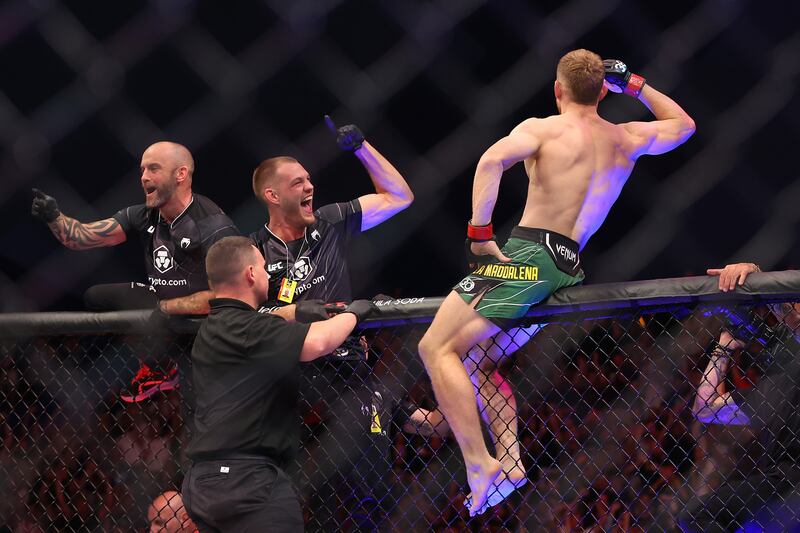 Jack Della Maddalena celebrates to the crowd after his submission victory over Randy Brown. Getty
