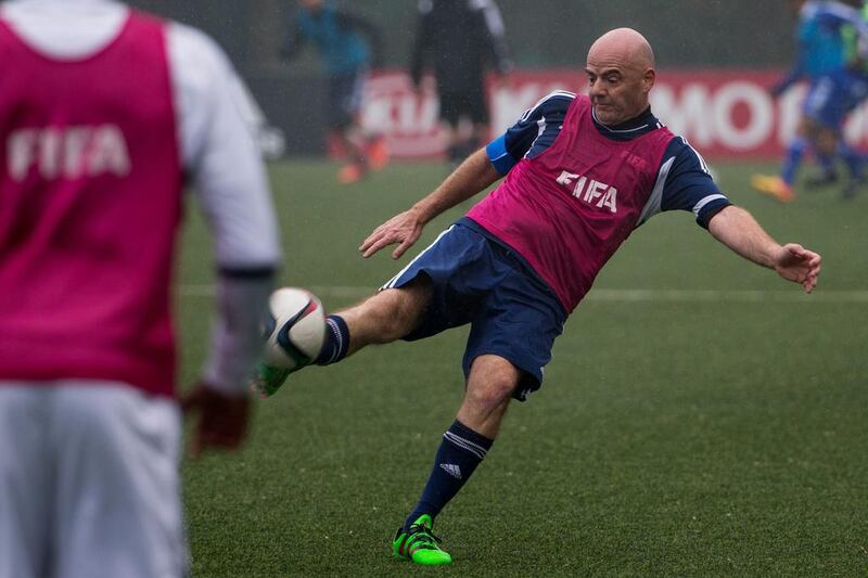 New Fifa president Gianni Infantino shoots the ball during a Fifa Team Friendly Football Match at the Fifa headquarters on February 29, 2016 in Zurich, Switzerland. (Photo by Philipp Schmidli/Getty Images)