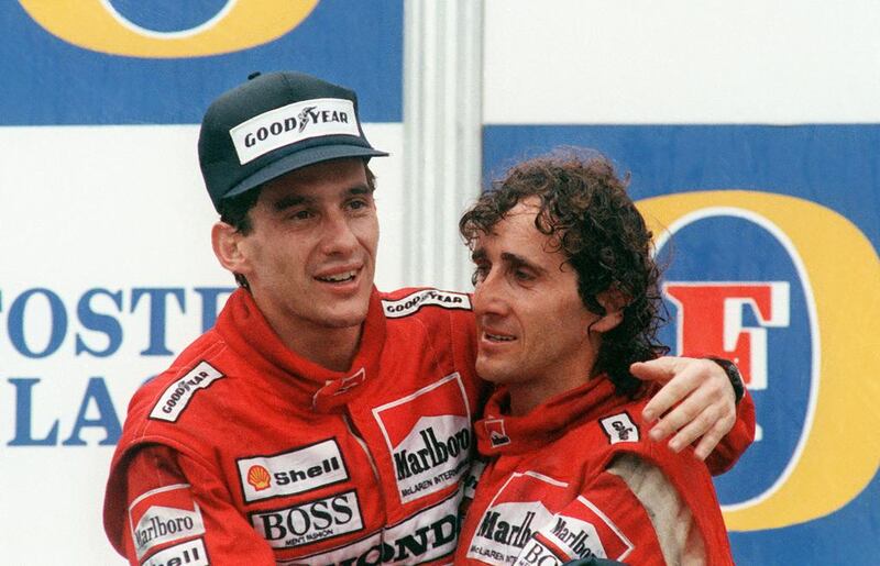 Ayrton Senna after winning the Adelaide Australian Grand Prix on November 18, 1988, with Alain Prost on the podium.