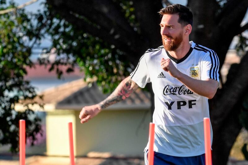 Lionel Messi and Nicolas Otamendi during training ahead of the 2019 Copa America semi-final showdown against hosts Brazil in Belo Horioznte. AFP