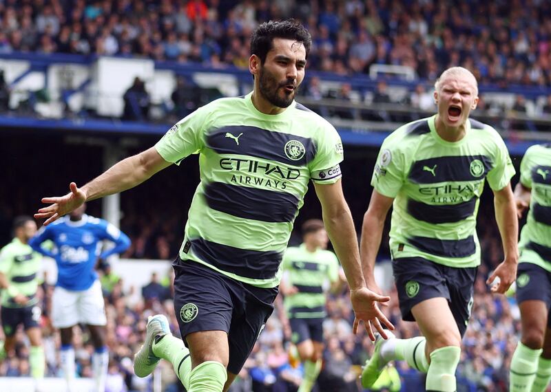 Ilkay Gundogan celebrates scoring Manchester City's first goal in their 3-0 Premier League win over Everton at Goodison Park on May 14, 2023. Reuters